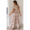 image:imageRVivimos Womens Summer Short Sleeve Floral Print Bohemian Beach Waist Tie Wrap Long Flowy Dress with SlitWhitePink