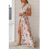 image:imageRVivimos Womens Summer Short Sleeve Floral Print Bohemian Beach Waist Tie Wrap Long Flowy Dress with SlitWhitePink