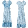 image:imageRVivimos Womens Summer Short Sleeve Floral Print Bohemian Beach Waist Tie Wrap Long Flowy Dress with SlitWhiteblue