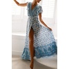 image:imageRVivimos Womens Summer Short Sleeve Floral Print Bohemian Beach Waist Tie Wrap Long Flowy Dress with SlitWhiteblue