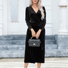 image:imageRVivimos Womens Velvet V Neck Wrap Dress Fall Winter Long Sleeve Waist Ruched Elastic Elegant Midi DressBlack