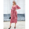 image:imageRVivimos Womens Velvet V Neck Wrap Dress Fall Winter Long Sleeve Waist Ruched Elastic Elegant Midi DressDark Pink