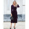 image:imageRVivimos Womens Velvet V Neck Wrap Dress Fall Winter Long Sleeve Waist Ruched Elastic Elegant Midi DressDark Purple