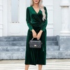 image:imageRVivimos Womens Velvet V Neck Wrap Dress Fall Winter Long Sleeve Waist Ruched Elastic Elegant Midi DressDarkgreen