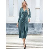 image:imageRVivimos Womens Velvet V Neck Wrap Dress Fall Winter Long Sleeve Waist Ruched Elastic Elegant Midi DressHaze Blue