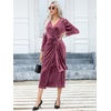 image:imageRVivimos Womens Velvet V Neck Wrap Dress Fall Winter Long Sleeve Waist Ruched Elastic Elegant Midi DressMulberry