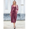 image:imageRVivimos Womens Velvet V Neck Wrap Dress Fall Winter Long Sleeve Waist Ruched Elastic Elegant Midi DressMulberry