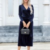 image:imageRVivimos Womens Velvet V Neck Wrap Dress Fall Winter Long Sleeve Waist Ruched Elastic Elegant Midi DressNavyblue