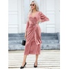 image:imageRVivimos Womens Velvet V Neck Wrap Dress Fall Winter Long Sleeve Waist Ruched Elastic Elegant Midi DressPink