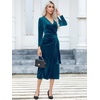 image:imageRVivimos Womens Velvet V Neck Wrap Dress Fall Winter Long Sleeve Waist Ruched Elastic Elegant Midi DressTeal