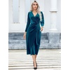 image:imageRVivimos Womens Velvet V Neck Wrap Dress Fall Winter Long Sleeve Waist Ruched Elastic Elegant Midi DressTeal