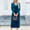 image:imageRVivimos Womens Velvet V Neck Wrap Dress Fall Winter Long Sleeve Waist Ruched Elastic Elegant Midi DressTeal