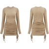 image:imageRVivimos Womens Winter Long Sleeve Ruched Drawstrings Knit Stretchy Bodycon T Shirt Mini DressesCamel