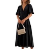 image:imageRVivimos Summer Dresses for Women Puff Sleeve Deep V Neck Elastic Waist Casual A Line Tiered Flowy Midi DressBlack