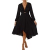 image:imageRVivimos Womens Cocktail Party Satin Dress Sexy Deep VNeck Long Sleeve Tie Waist High Low Midi DressBlack