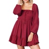 image:imageRVivimos Womens Cotton Long Sleeve Square Neck Ruffle Smocked Plaid Swing Mini DressBurgundylongsleeve