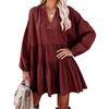 image:imageRVivimos Womens Fall Cotton Long Sleeve Casual Loose VNeck Swing Tunic Mini DressBurgundy