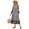 image:imageRVivimos Womens Long Sleeve Boho Midi Dress V Neck Floral Print Casual Button Down Loose Ruffle Beach Long Dress with BeltSmokeblack
