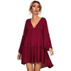 image:imageRVivimos Womens Long Sleeve Cotton Ruffles Deep V Neck Backless Casual Swing Mini DressesBurgundy
