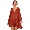 image:imageRVivimos Womens Long Sleeve Cotton Ruffles Deep V Neck Backless Casual Swing Mini DressesOrange