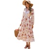 image:imageRVivimos Womens Long Sleeve Cotton VNeck Button Up Floral Print Boho Flowy Midi DressesWhitedusrypink