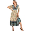 image:imageRVivimos Womens Summer Boho Floral Print Midi Dress Short Sleeve Deep V Neck Empire Waist Flowy Beach Dress with PocketsBeige