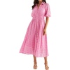 image:imageRVivimos Womens Summer Cotton Half Sleeve Eyelet Embroidery Elastic Waist Button Down Casual Shirt Midi Dress with PocketsPink