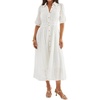 image:imageRVivimos Womens Summer Cotton Half Sleeve Eyelet Embroidery Elastic Waist Button Down Casual Shirt Midi Dress with PocketsWhite