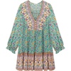 image:imageRVivimos Womens Summer Cotton Long Sleeves Casual Boho VNeck Buttons Floral Print Mini Tunic DressGreen
