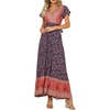 image:imageRVivimos Womens Summer Short Sleeve Floral Print Bohemian Beach Waist Tie Wrap Long Flowy Dress with SlitDark Blue2