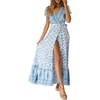 image:imageRVivimos Womens Summer Short Sleeve Floral Print Bohemian Beach Waist Tie Wrap Long Flowy Dress with SlitWhiteblue
