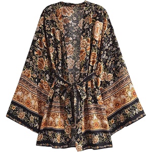 image:imageRVivimos Beach Cover Ups for Women Vintage Kimono Cardigan Long Sleeve Boho Floral Print Swimsuit Wrap Mini Dress with BeltBlack