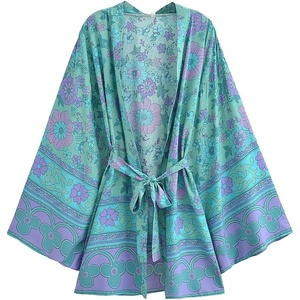 image:imageRVivimos Beach Cover Ups for Women Vintage Kimono Cardigan Long Sleeve Boho Floral Print Swimsuit Wrap Mini Dress with BeltGreen