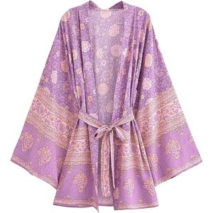 image:imageRVivimos Beach Cover Ups for Women Vintage Kimono Cardigan Long Sleeve Boho Floral Print Swimsuit Wrap Mini Dress with BeltPurple