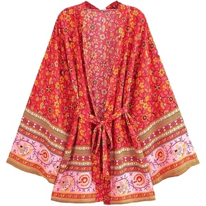 image:imageRVivimos Beach Cover Ups for Women Vintage Kimono Cardigan Long Sleeve Boho Floral Print Swimsuit Wrap Mini Dress with BeltRed