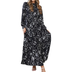 image:imageRVivimos Fall Dresses for Women Long Sleeve Pleated Casual Mock Neck Elegant Print Maxi Dress with BeltBlack
