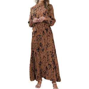 image:imageRVivimos Fall Dresses for Women Long Sleeve Pleated Casual Mock Neck Elegant Print Maxi Dress with BeltBrown