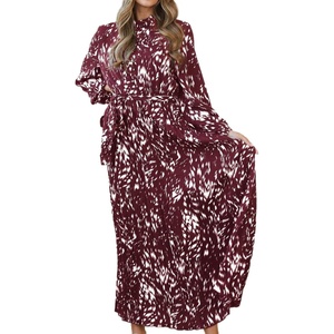 image:imageRVivimos Fall Dresses for Women Long Sleeve Pleated Casual Mock Neck Elegant Print Maxi Dress with BeltBurgundy