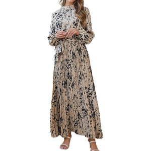 image:imageRVivimos Fall Dresses for Women Long Sleeve Pleated Casual Mock Neck Elegant Print Maxi Dress with BeltKhaki