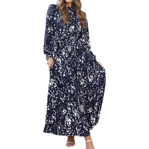 image:imageRVivimos Fall Dresses for Women Long Sleeve Pleated Casual Mock Neck Elegant Print Maxi Dress with BeltNavyblue