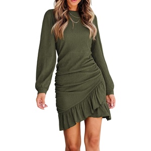 image:imageRVivimos Fall Elegant Dresses for Women Long Sleeve Crewneck Trendy Ruched Ruffle Hem Spring Casual Mini DressArmy Green