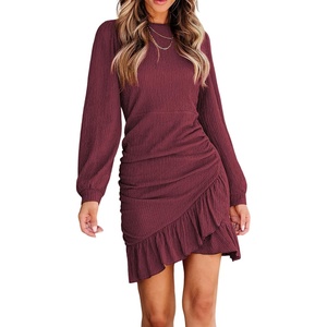 image:imageRVivimos Fall Elegant Dresses for Women Long Sleeve Crewneck Trendy Ruched Ruffle Hem Spring Casual Mini DressBurgundy