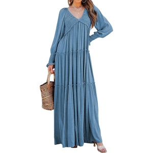 image:imageRVivimos Maxi Dress for Women Long Sleeve V Neck Empire Waist Layered Ruffle Boho Casual Flowy Long DressesBlue