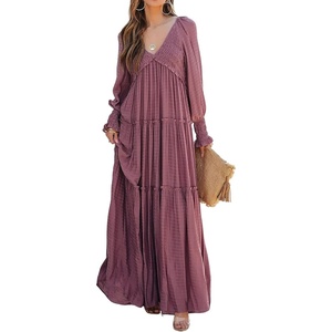 image:imageRVivimos Maxi Dress for Women Long Sleeve V Neck Empire Waist Layered Ruffle Boho Casual Flowy Long DressesDarkrose