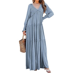image:imageRVivimos Maxi Dress for Women Long Sleeve V Neck Empire Waist Layered Ruffle Boho Casual Flowy Long DressesHaze Blue