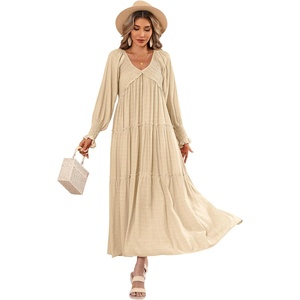 image:imageRVivimos Maxi Dress for Women Long Sleeve V Neck Empire Waist Layered Ruffle Boho Casual Flowy Long DressesLight Khaki