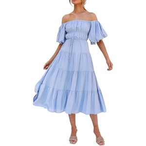 image:imageRVivimos OffShoulder Dresses for Women Summer Puff Sleeve Empire Waist Casual Ruffle ALine Flowy Midi Dress with BeltBabyblue