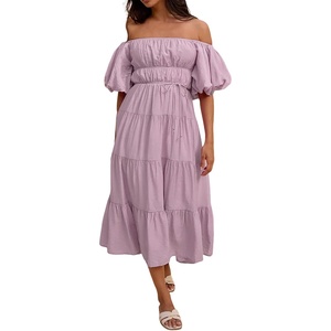 image:imageRVivimos OffShoulder Dresses for Women Summer Puff Sleeve Empire Waist Casual Ruffle ALine Flowy Midi Dress with BeltDusty Purple