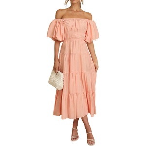 image:imageRVivimos OffShoulder Dresses for Women Summer Puff Sleeve Empire Waist Casual Ruffle ALine Flowy Midi Dress with BeltPeach