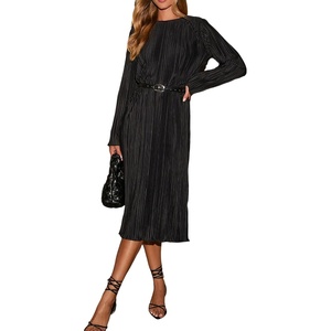 image:imageRVivimos Satin Elegant Midi Dresses for Women Long Sleeve Pleated Loose Silky Cocktail Wedding Guest Evening Party DressesBlack